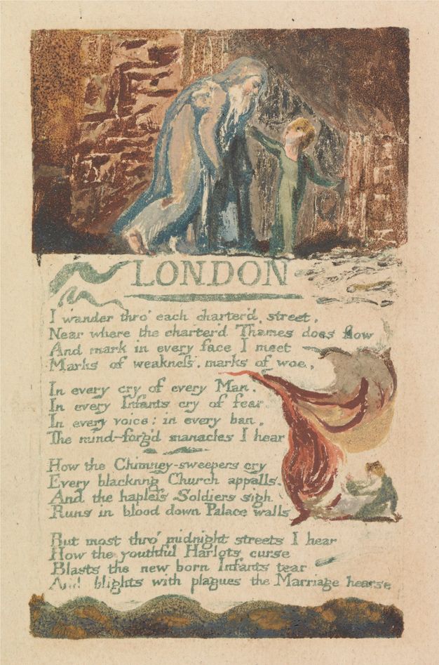 Print. A poem appears to be handwritten with teal-blue ink. Illustrations above and to the side are also in colour. In a scene at the top of the page, a young person leads a man with a long white beard, who stoops as he walks.