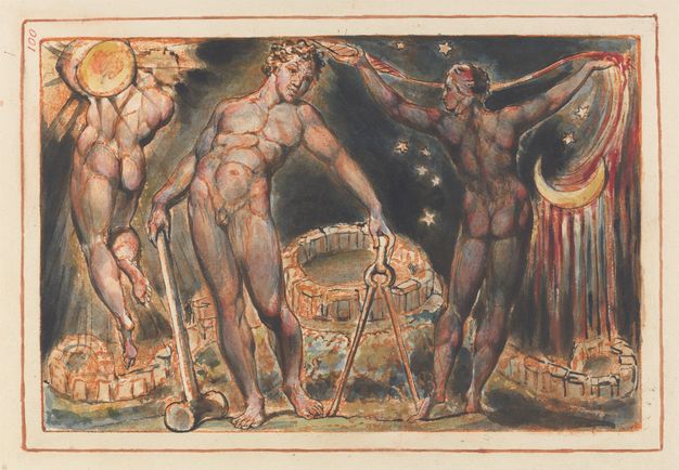 Print. Three nude, muscular people fill this horizontal composition. A person near an upwards pointing crescent moon is to our right, a person holding a sun to our left, and a man holding the handles of a sledgehammer and compass, both of which rest on the ground.