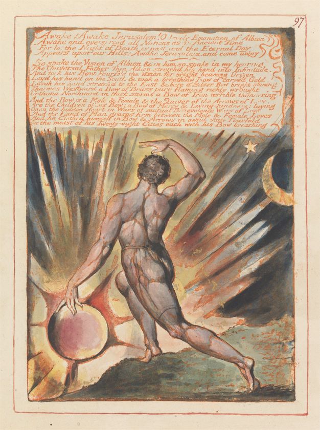 Print. A nude, muscular man lunges forwards onto one foot, facing away from us. His left hand rests on a sun, and a crescent moon is to our right. The man’s skin is peachy where the sunburst illuminates his body, and grey in the shadows. What appears to be handwritten text is printed in dark orange above.