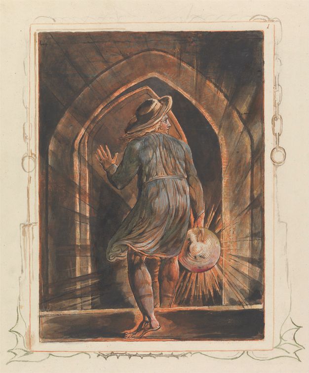 Print. A person steps away from us towards a door that stands ajar in a pointed, arched doorway. He holds a round light that shines brilliantly in the otherwise dark scene.