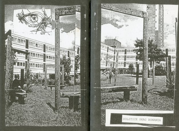 Pages of a book. Black and white images appear to be affixed to black pages. They are of a grassy space enclosed by buildings. A squared archway stands over a bench in front of us. A piece of paper with a sketchy drawing of an eye is in the upper left corner of the left page.