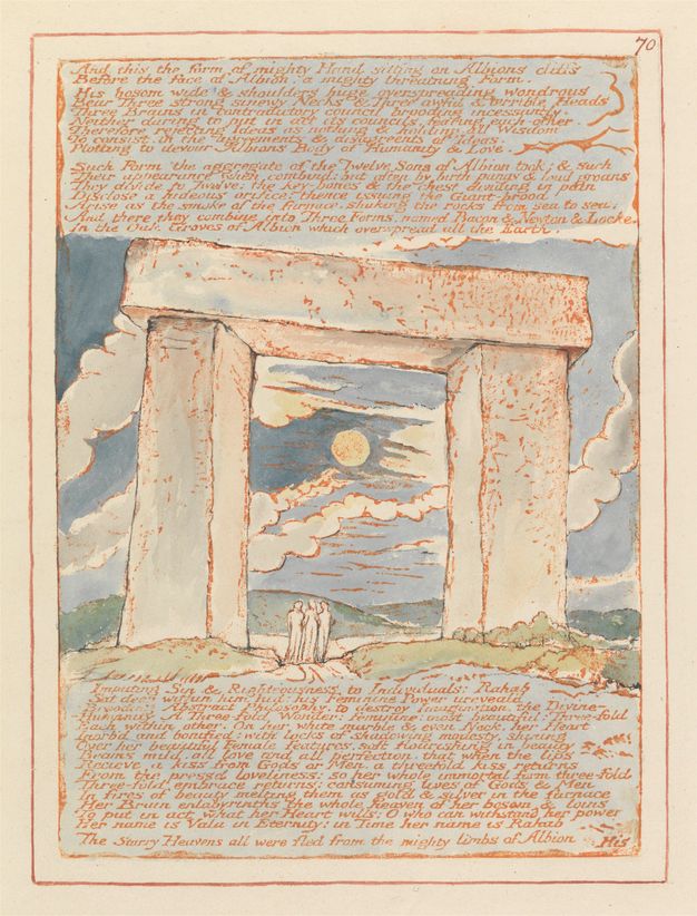 Print. Two posts topped by a lintel rise several storeys high over the three people sketched below. White clouds skit across the blue sky behind the structure, and the sun or moon is framed within. Dark orange text is above and below the structure.