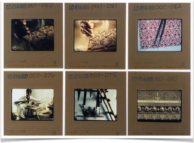 Slides. The top three of six colour slides are close ups of jewellery worn by dark-skinned people. In the bottom row, two slides show silver objects, and the sixth a person sitting in front of a sign or wall.