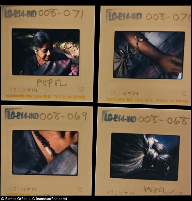 Slides. The top three of six colour slides are close ups of a dark-skinned hand working on a textile with a tweezer-like instrument. Slides in the bottom row show a man sitting at a low table, a rack of tools, and chased metal.