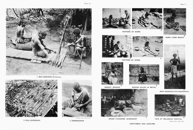 Illustrations. Thirteen black and white photographs are titled “Craftsmen and Costume”. Most people sit on the ground or on a low seat. Captions read, “Mat Weaver”, “Bali Ceremony”, “Damascener”, “Potters at Work”, “Horn Comb Maker”, “Basket Weaver”, “Boring Holes in Metal”, “Man Wearing Diya Kachemiya”, “Brass Founders’ Workshop”, and “Fair at Religious Festival”.