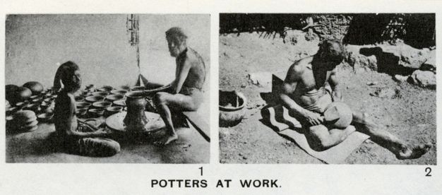 Illustration. Captioned “Potters at Work”, two black and white photographs show dark-skinned men sitting on the ground or on a low seat at a potter’s wheel or, to our right, smoothing the bottom of a bowl with a flat tool. The men wear loincloths and maybe head coverings.